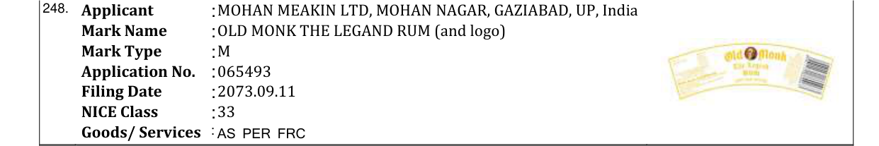 Original bulletin entry for OLD MONK THE LEGAND RUM (and logo)