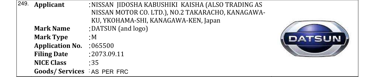 Original bulletin entry for DATSUN (and logo)