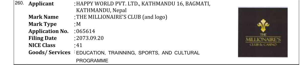 Original bulletin entry for THE MILLIONAIRE'S CLUB (and logo)