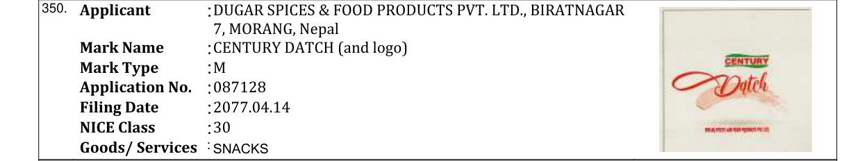 Original bulletin entry for CENTURY FOOD.EK (and logo)