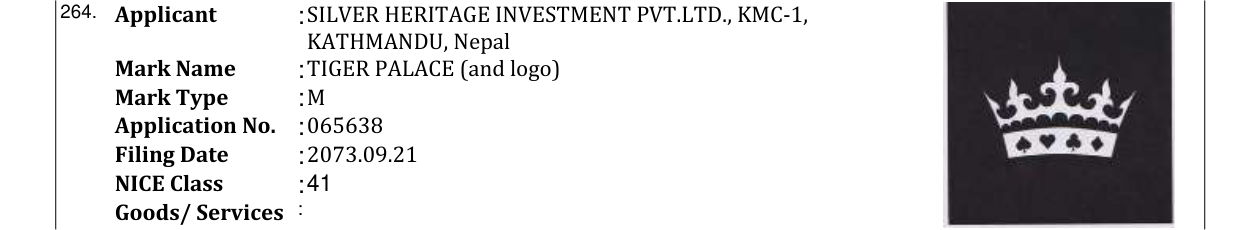 Original bulletin entry for TIGER PALACE (and logo)