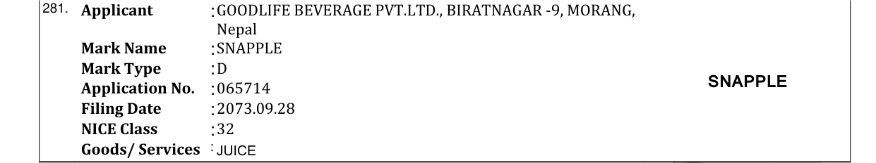 Original bulletin entry for SNAPPLE