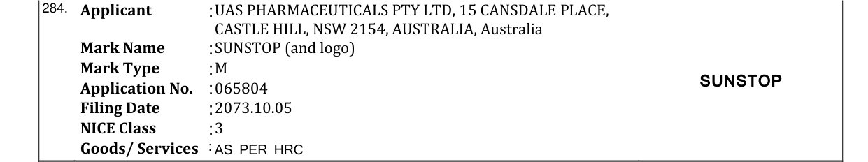 Original bulletin entry for SUNSTOP (and logo)