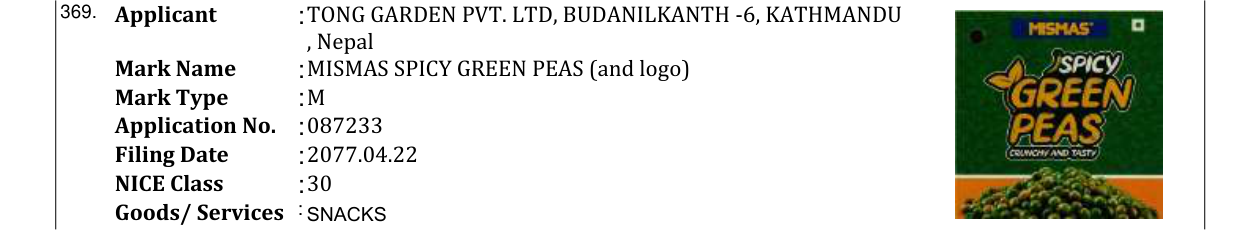 Original bulletin entry for MISMAS MASALA PEANUTS (and logo)
