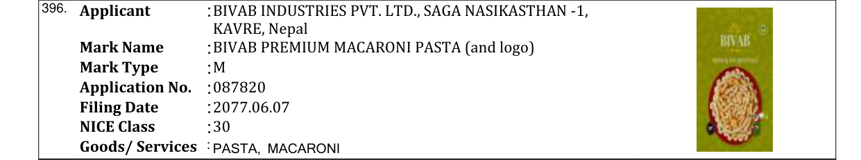 Original bulletin entry for BIVAB KING'S PREMIUM MACARONI PASTA (and logo)