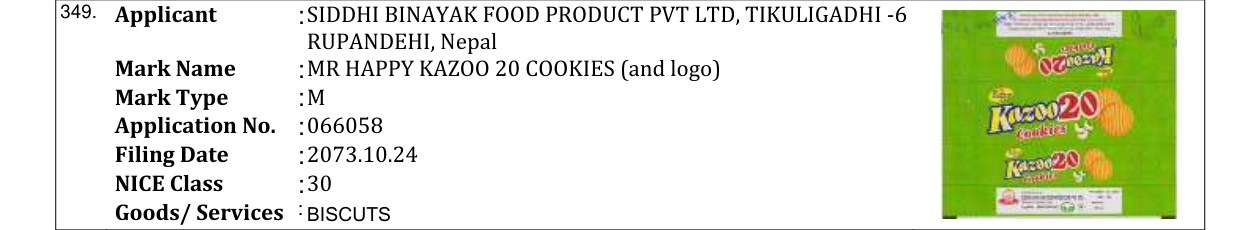Original bulletin entry for MR HAPPY KAZOO 20 COOKIES (and logo)