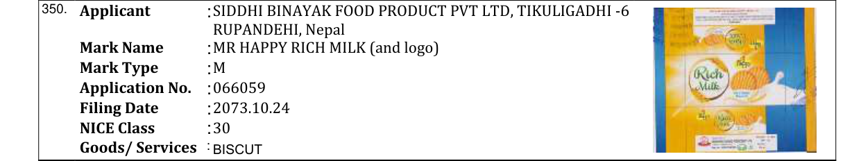 Original bulletin entry for MR HAPPY RICH MILK (and logo)
