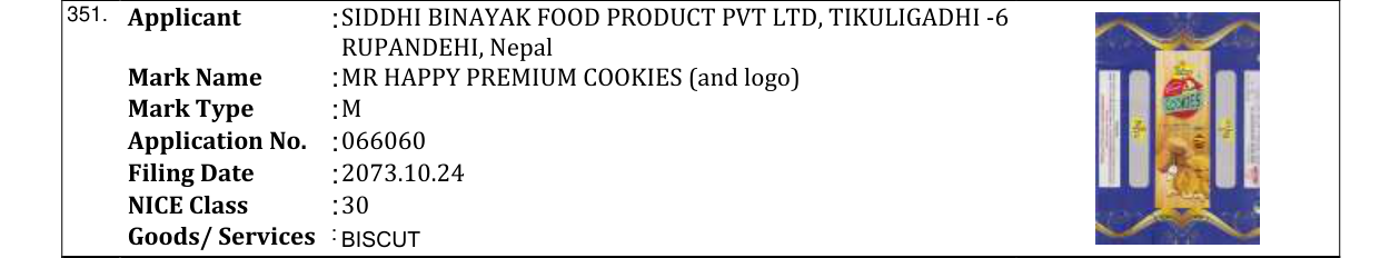 Original bulletin entry for MR HAPPY PREMIUM COOKIES (and logo)