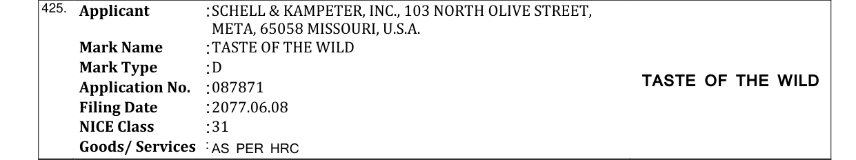 Original bulletin entry for TASTE OF THE WILD PREY