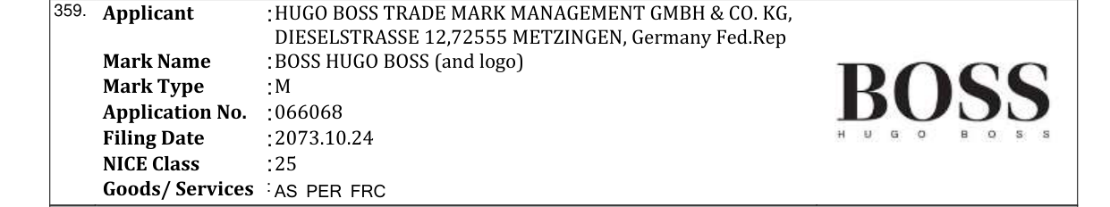 Original bulletin entry for BOSS HUGO BOSS (and logo)