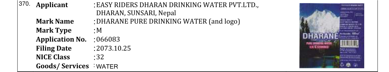 Original bulletin entry for DHARANE PURE DRINKING WATER (and logo)