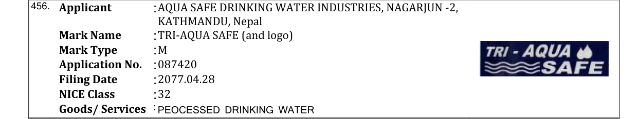Original bulletin entry for TRI-AQUA PURE & SAFE (and logo)