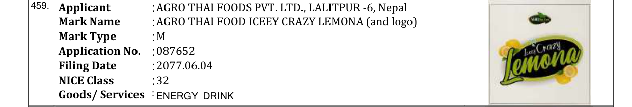 Original bulletin entry for AGRO THAI FOOD ICEEY LEMON FIZZ (and logo)