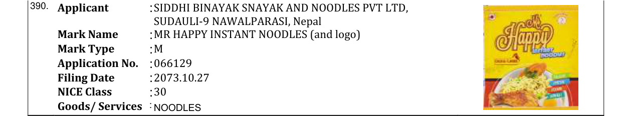 Original bulletin entry for MR HAPPY INSTANT NOODLES (and logo)