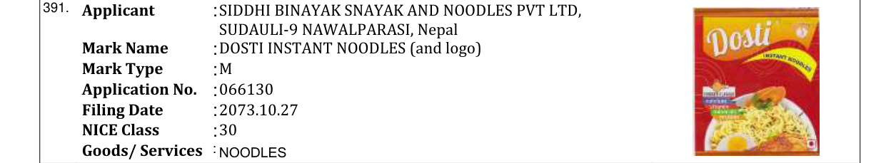 Original bulletin entry for DOSTI INSTANT NOODLES (and logo)