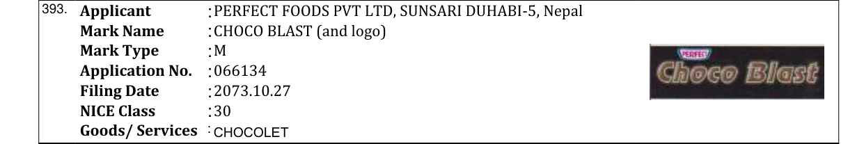 Original bulletin entry for CHOCO BLAST (and logo)