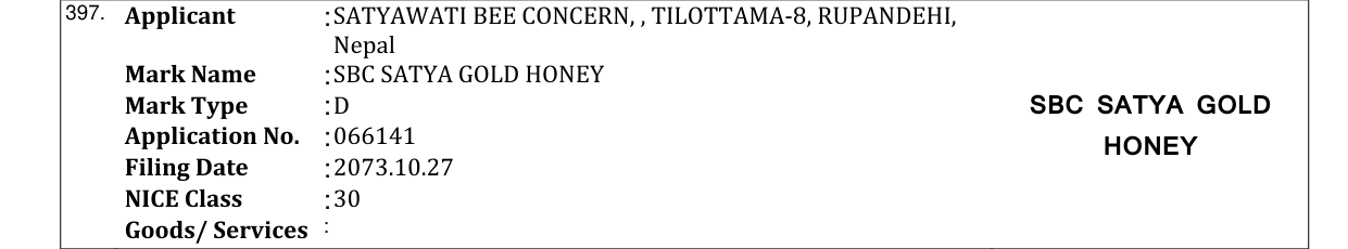 Original bulletin entry for SBC SATYA GOLD HONEY