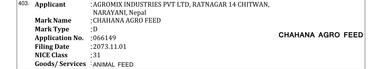 Original bulletin entry for CHAHANA AGRO FEED