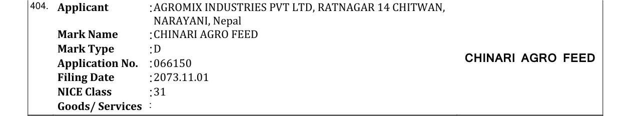 Original bulletin entry for CHINARI AGRO FEED