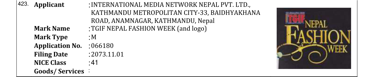 Original bulletin entry for TGIF NEPAL FASHION WEEK (and logo)