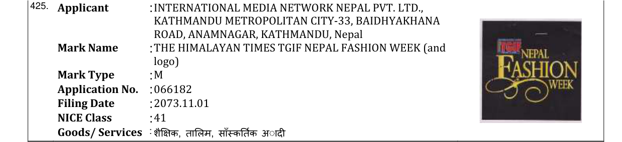 Original bulletin entry for THE HIMALAYAN TIMES TGIF NEPAL FASHION WEEK (and logo)