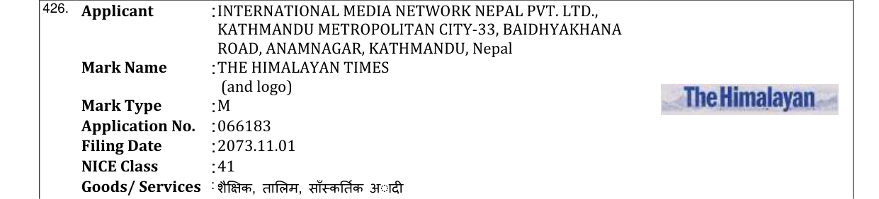 Original bulletin entry for THE HIMALAYAN TIMES (and logo)