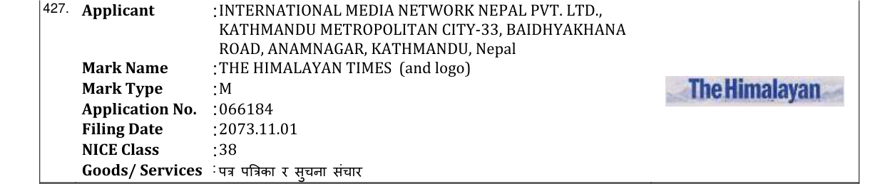 Original bulletin entry for THE HIMALAYAN TIMES (and logo)