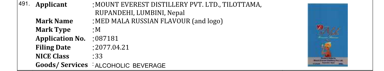 Original bulletin entry for RUDRA RUSSIAN FLAVOUR (and logo)