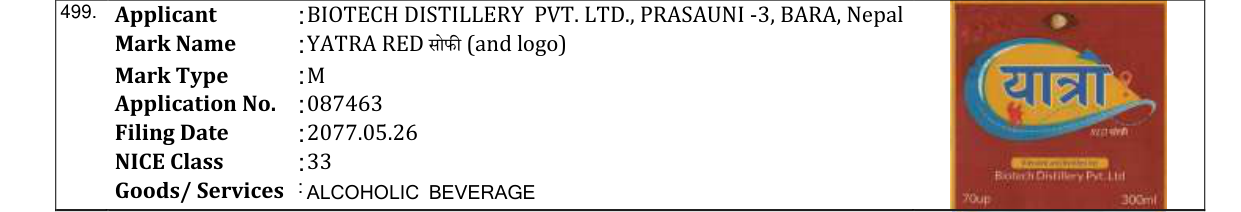Original bulletin entry for YATRA WHITE सोफी (and logo)