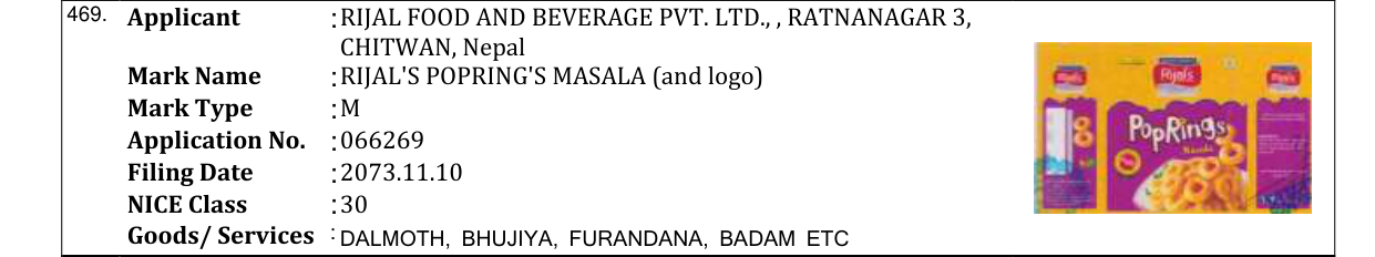 Original bulletin entry for RIJAL'S POPRING'S MASALA (and logo)