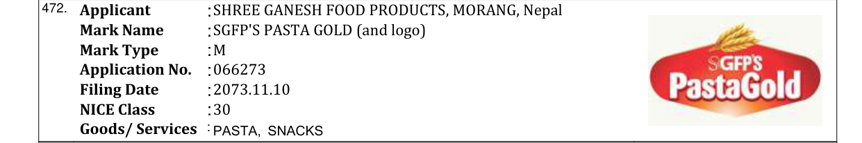 Original bulletin entry for SGFP'S PASTA GOLD (and logo)