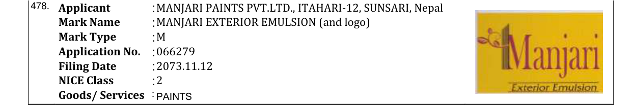 Original bulletin entry for MANJARI EXTERIOR EMULSION (and logo)