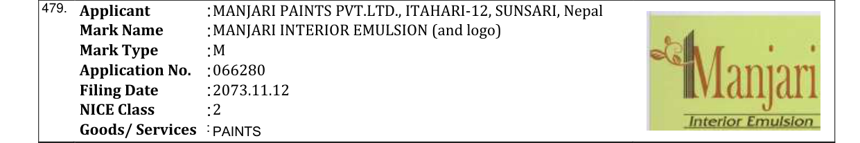 Original bulletin entry for MANJARI INTERIOR EMULSION (and logo)