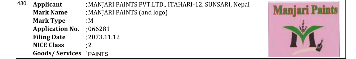 Original bulletin entry for MANJARI PAINTS (and logo)