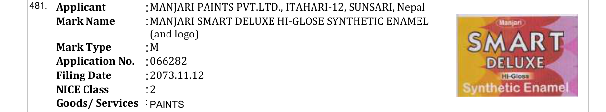Original bulletin entry for MANJARI SMART DELUXE HI-GLOSE SYNTHETIC ENAMEL (and logo)