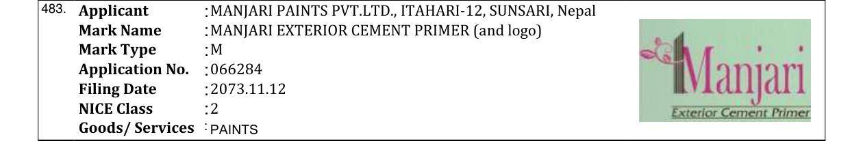 Original bulletin entry for MANJARI EXTERIOR CEMENT PRIMER (and logo)