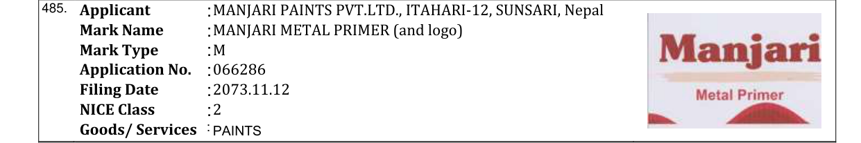 Original bulletin entry for MANJARI METAL PRIMER (and logo)