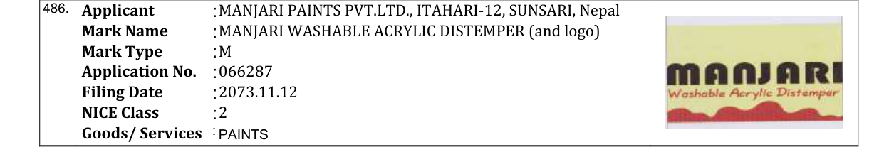 Original bulletin entry for MANJARI WASHABLE ACRYLIC DISTEMPER (and logo)