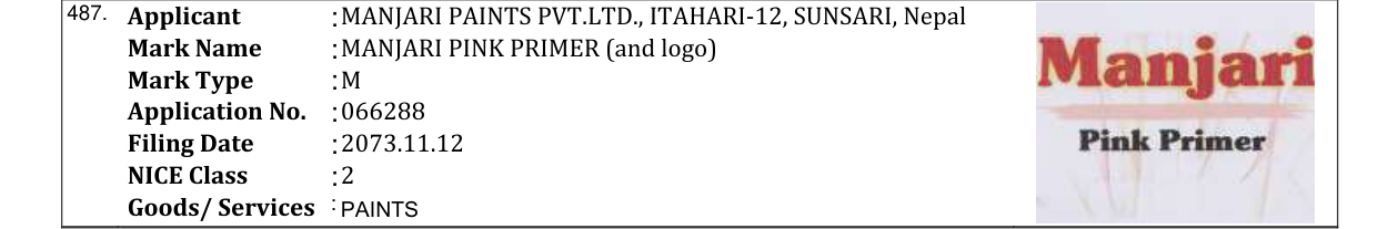 Original bulletin entry for MANJARI PINK PRIMER (and logo)