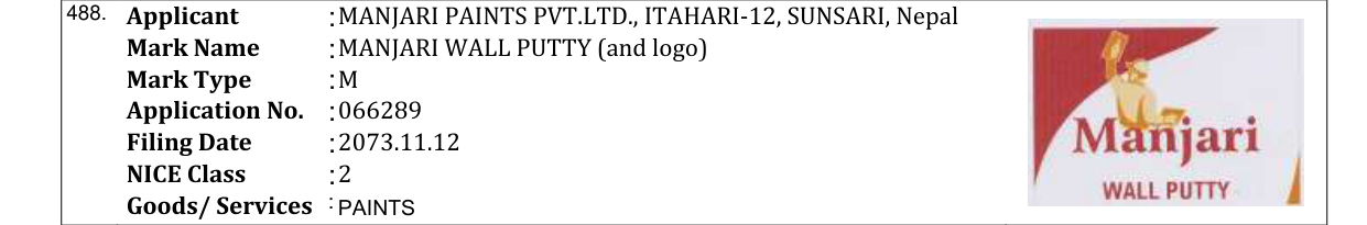 Original bulletin entry for MANJARI WALL PUTTY (and logo)
