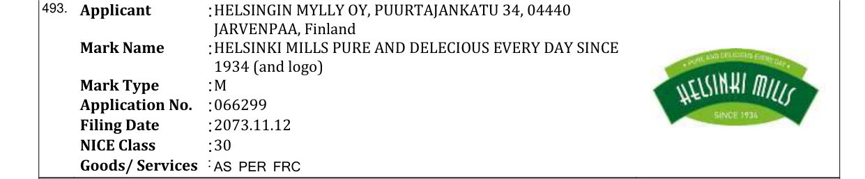 Original bulletin entry for HELSINKI MILLS PURE AND DELECIOUS EVERY DAY SINCE 1934 (and logo)