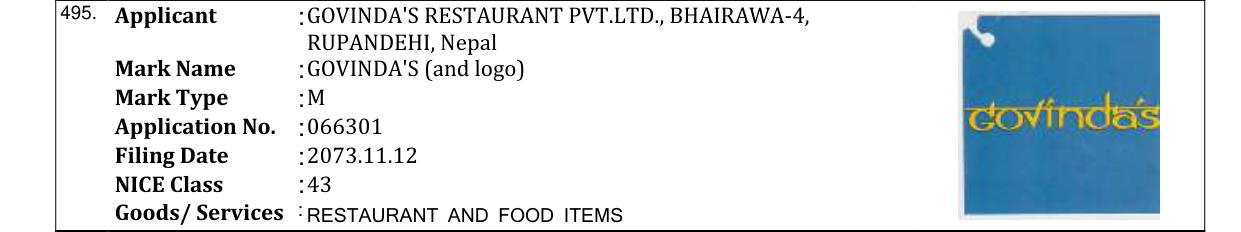 Original bulletin entry for GOVINDA'S (and logo)