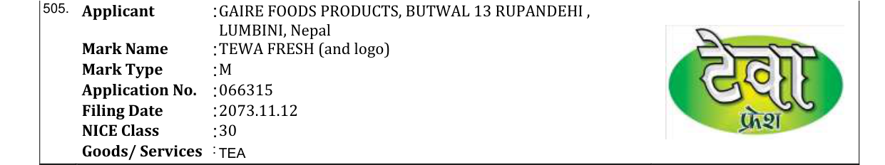 Original bulletin entry for TEWA FRESH (and logo)