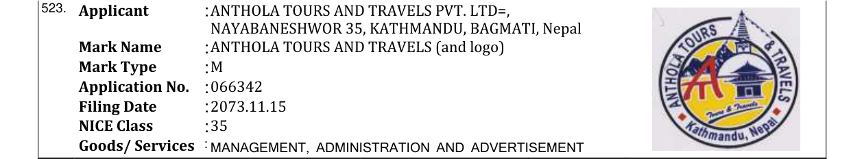 Original bulletin entry for ANTHOLA TOURS AND TRAVELS (and logo)