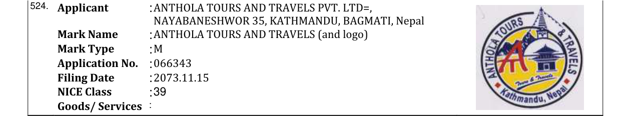 Original bulletin entry for ANTHOLA TOURS AND TRAVELS (and logo)