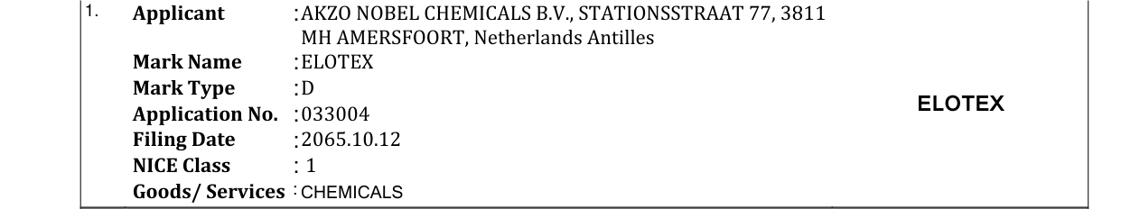 Original bulletin entry for ELOTEX