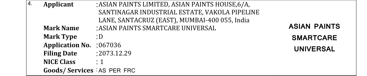 Original bulletin entry for ASIAN PAINTS SMARTCARE UNIVERSAL ASIAN PAINTS
