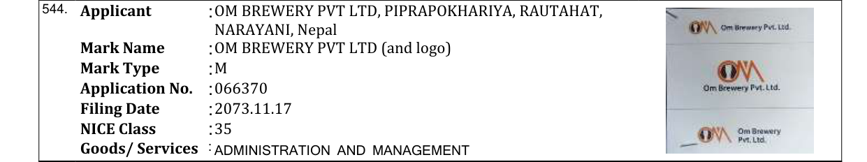 Original bulletin entry for OM BREWERY PVT LTD (and logo)