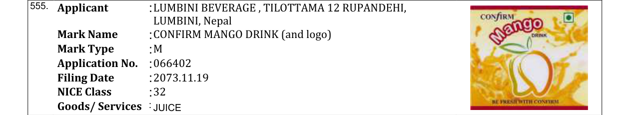 Original bulletin entry for CONFIRM MANGO DRINK (and logo)