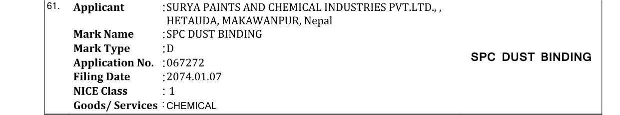 Original bulletin entry for SPC DUST BINDING
